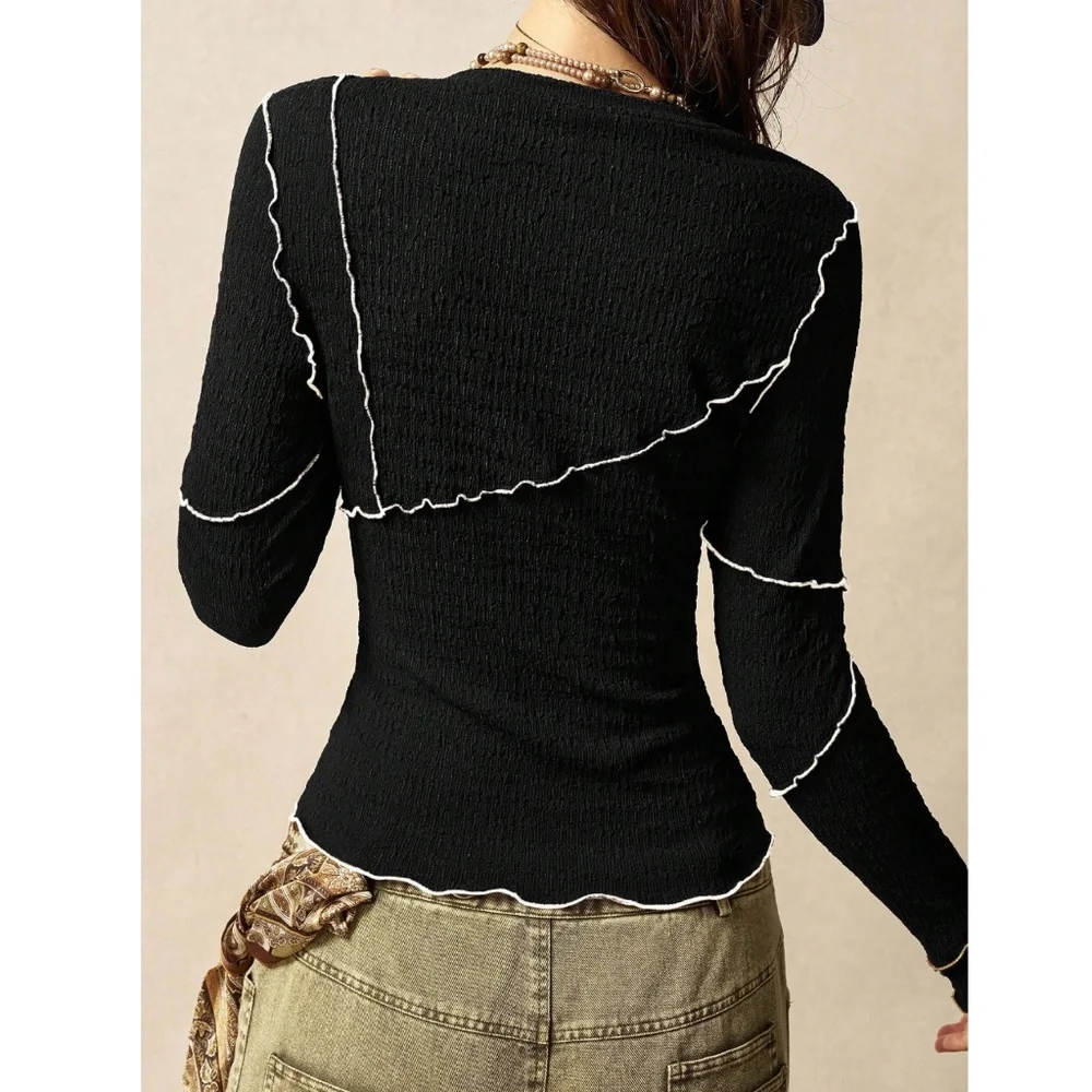 Black Long Sleeve Tee Contrast Outside Stitch Shirt